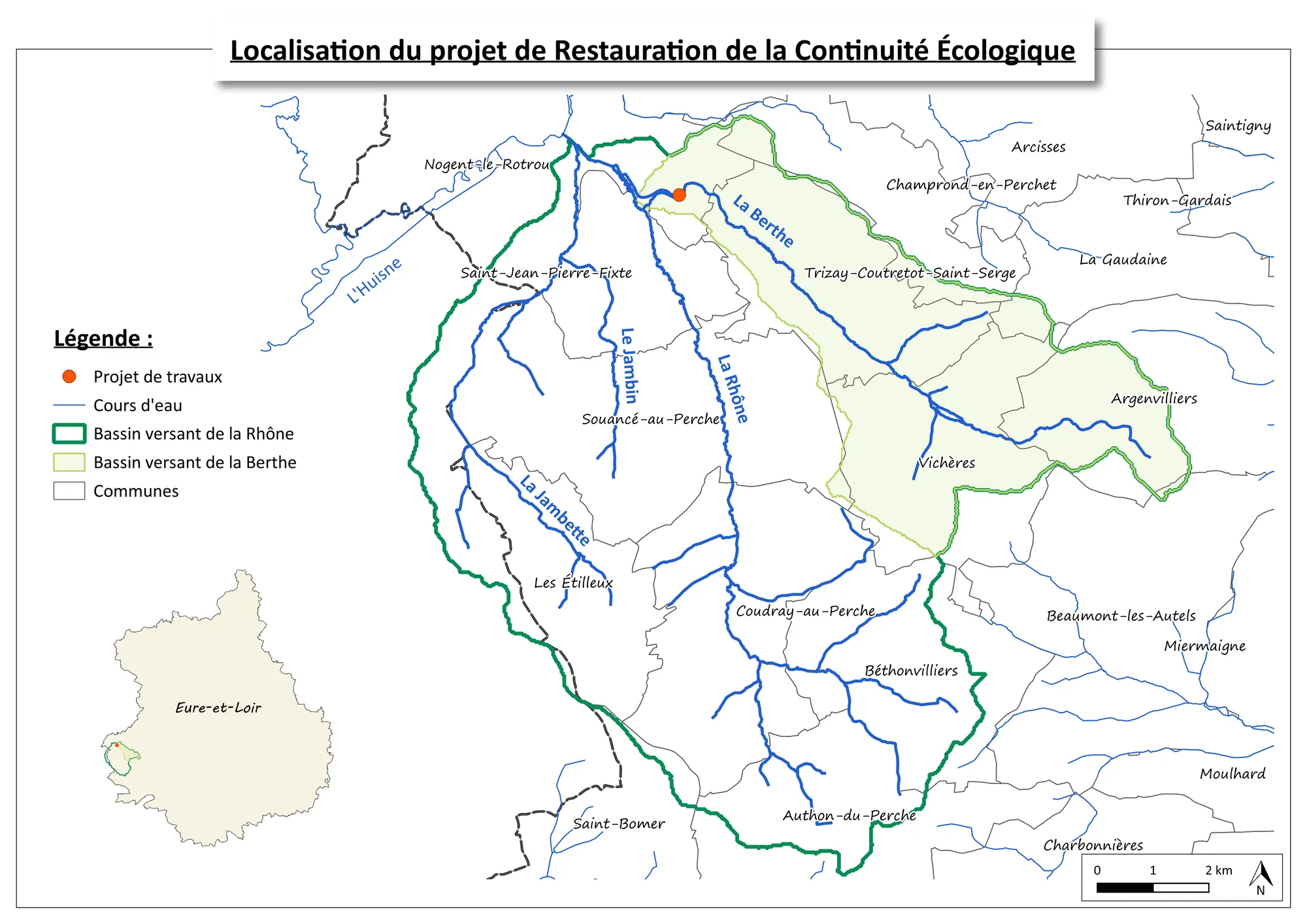 Localisation du projet de restauration de la continuité écologique sur la Berthe, bassins versants de la Rhône et de la Berthe