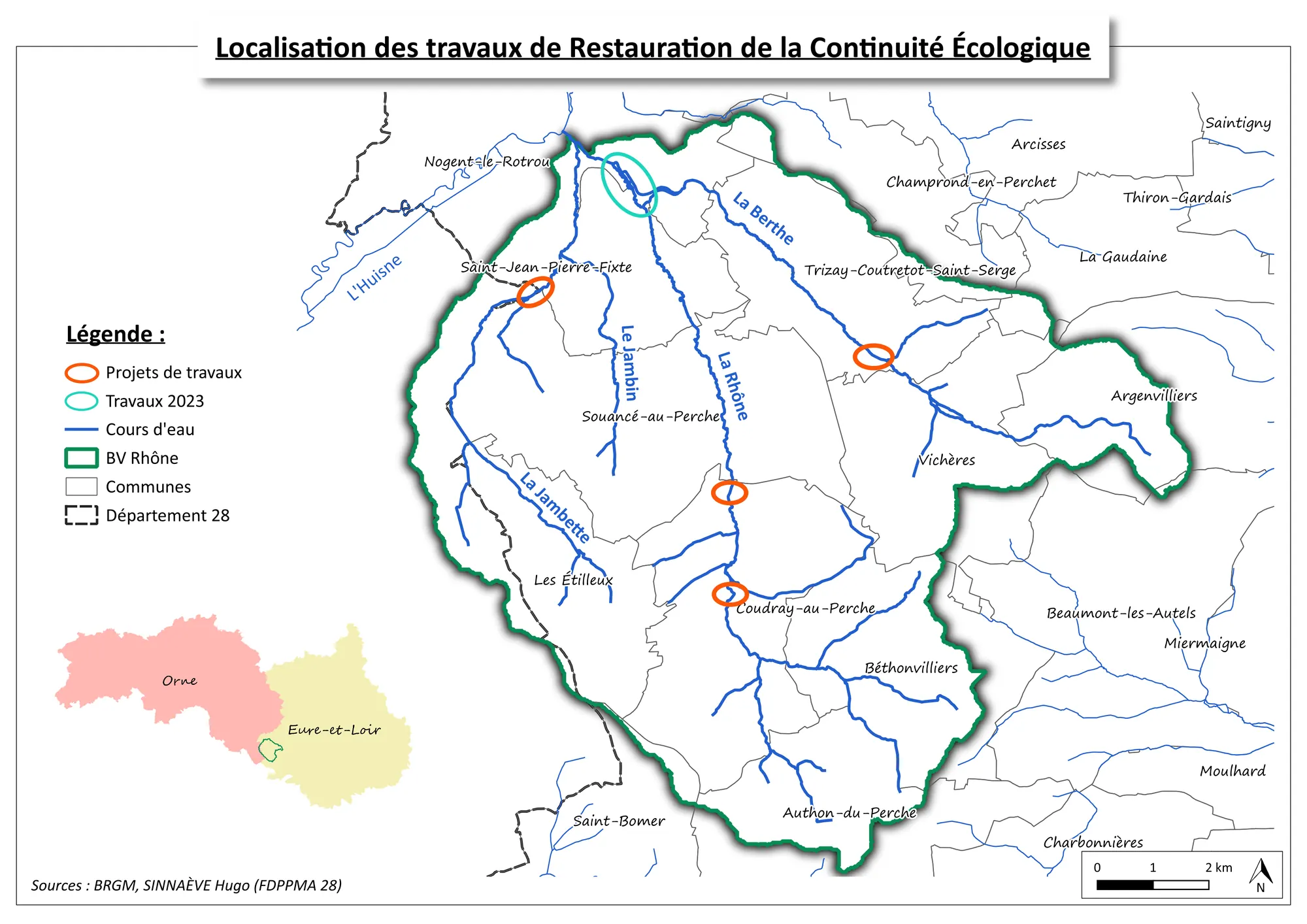 Localisation des projets de travaux de restauration de la continuité écologique dans le bassin versant de la Rhône