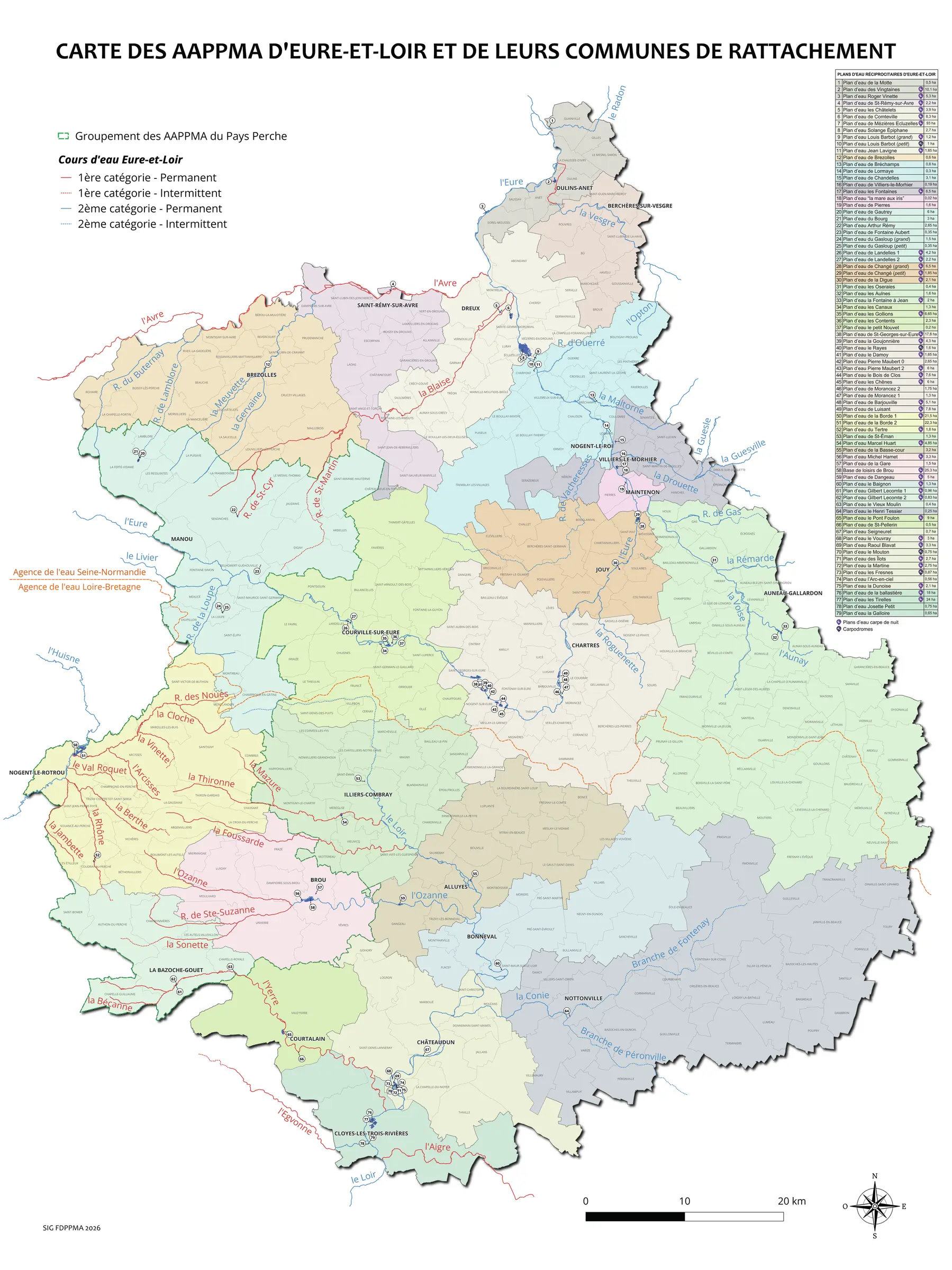 Carte des AAPPMA d’Eure-et-Loir et de leurs communes de rattachement, avec cours d’eau et plans d’eau
