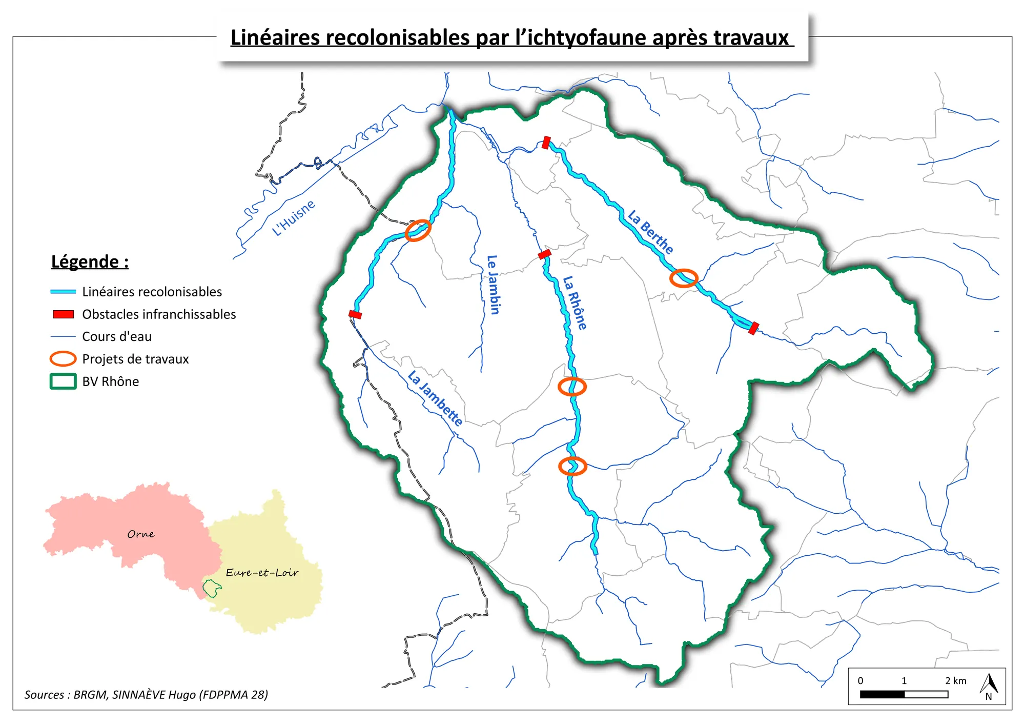 Linéaires de cours d’eau recolonisables par les poissons après travaux, obstacles infranchissables et projets de travaux
