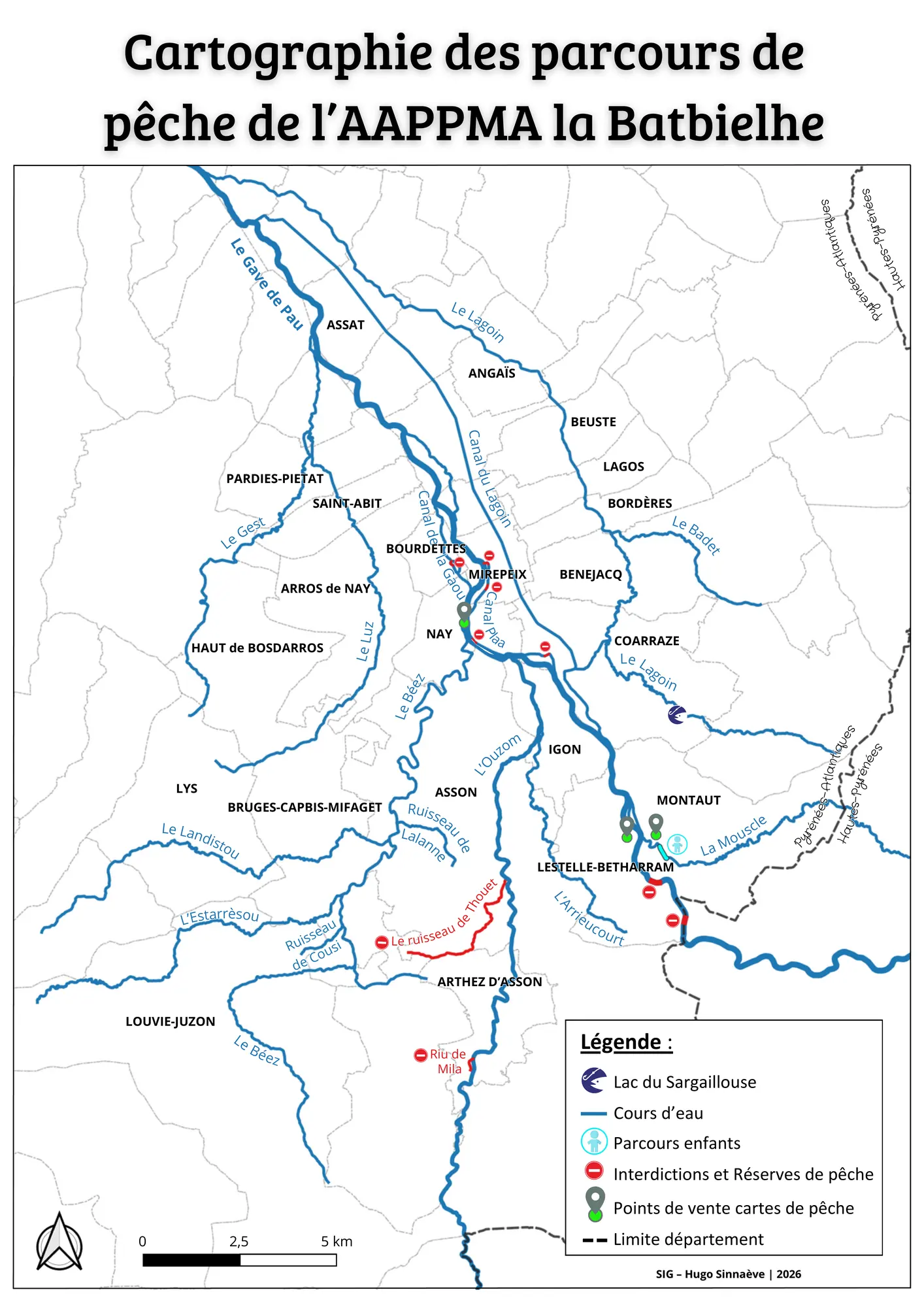 Nouvelle cartographie des parcours de pêche de l’AAPPMA La Batbielhe : cours d’eau, réserves, points de vente, parcours enfants