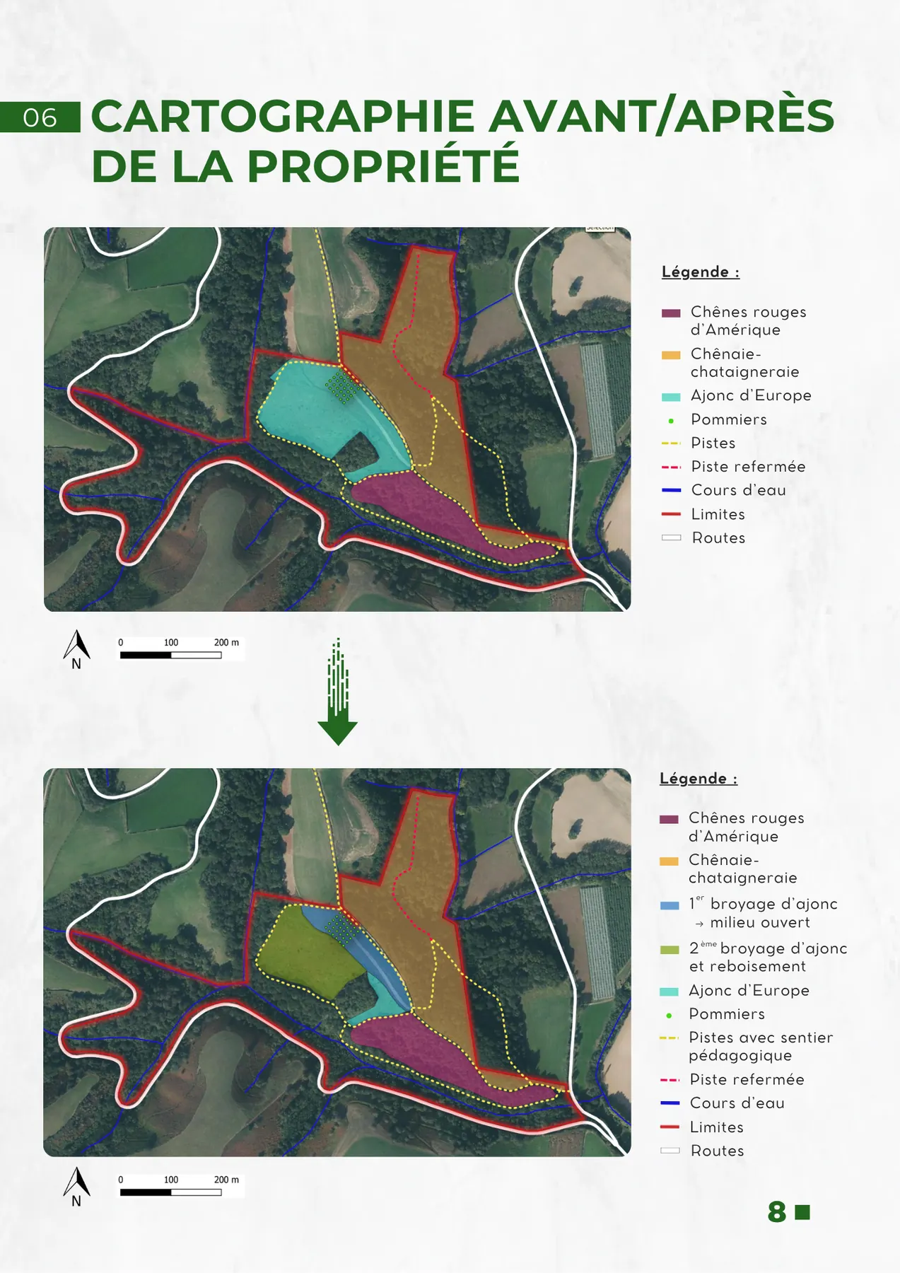Deux cartographies sur photo aérienne d’une propriété forestière, avant et après travaux de broyage et reboisement