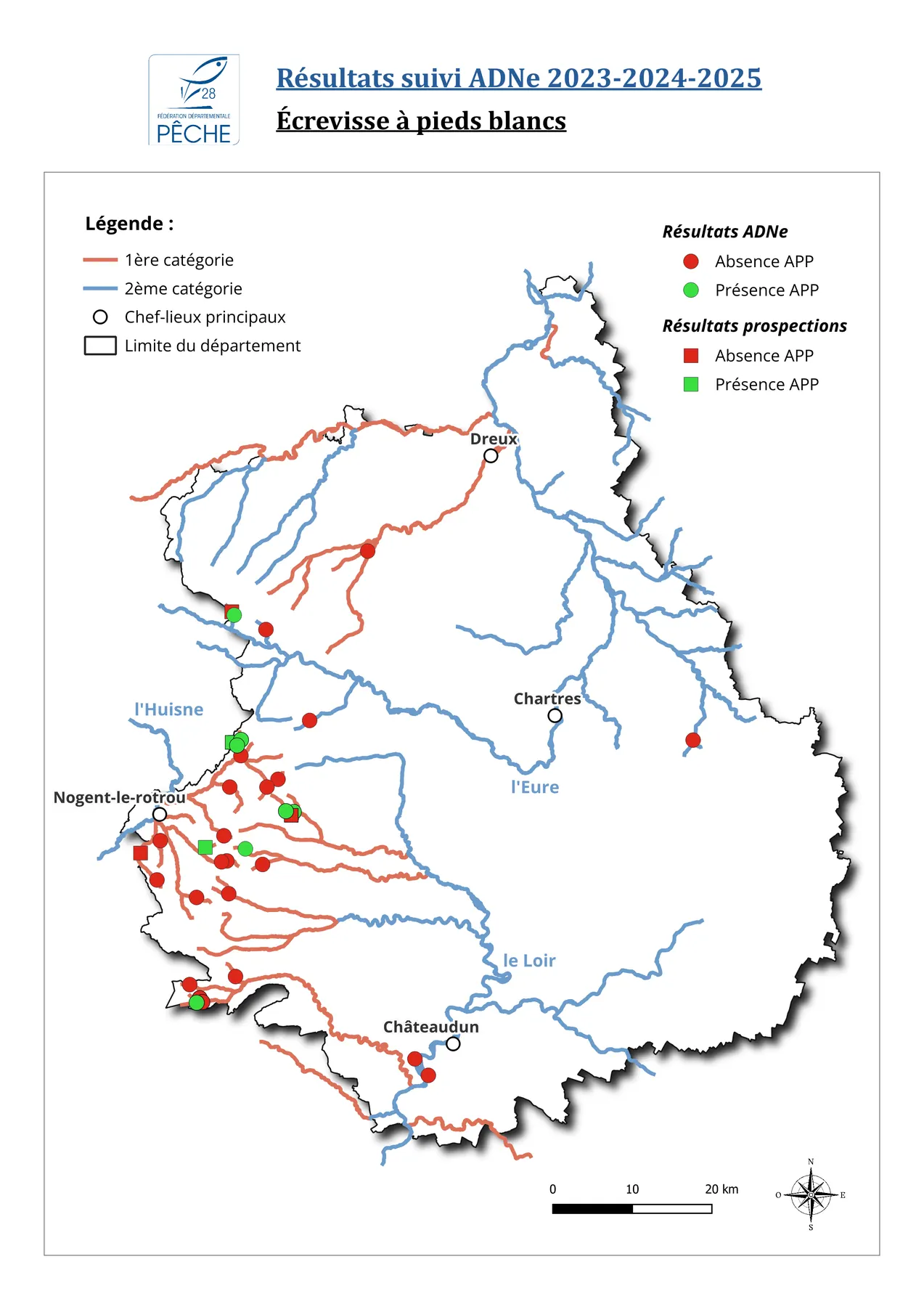 Carte des résultats du suivi ADNe 2023 à 2025 de l’écrevisse à pattes blanches en Eure-et-Loir
